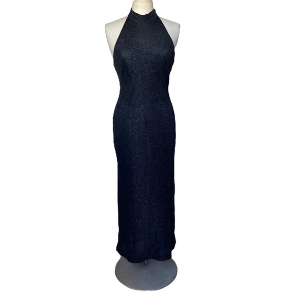 Vintage Dresses & Skirts - Vintage 80s UNBRANDED Black Halter Dress Long Metallic Knit Shimmering Dinner